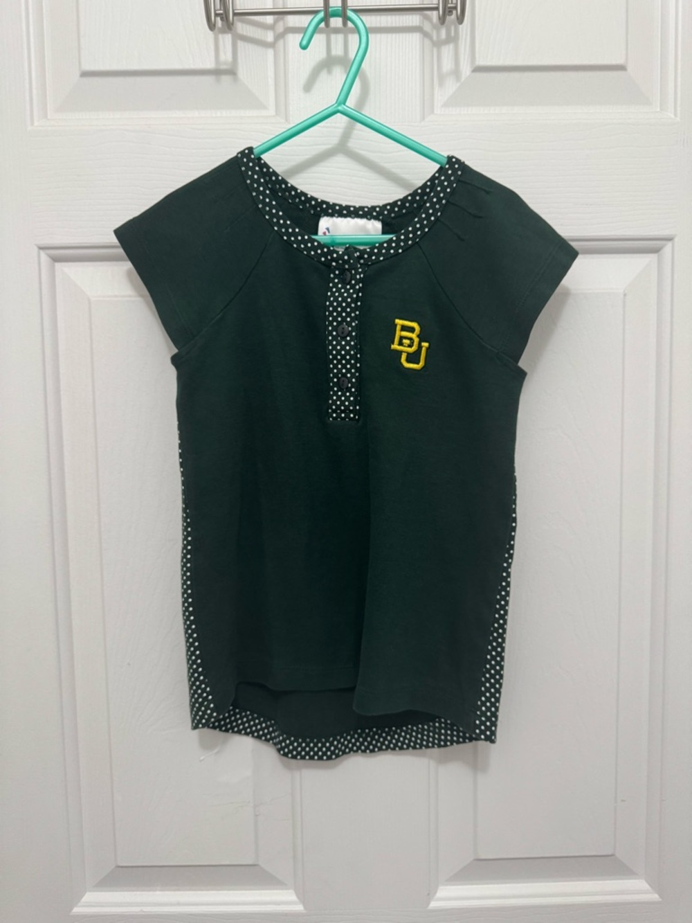 BU Girls' Dark Green Short Sleeve Polo Tee with Polka Dot Trim